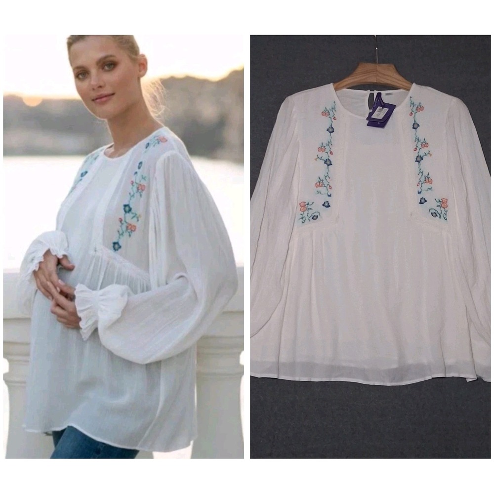 Seraphine Womens Top White Blouse Maternity Nursing Size 12 Floral Embroidered
